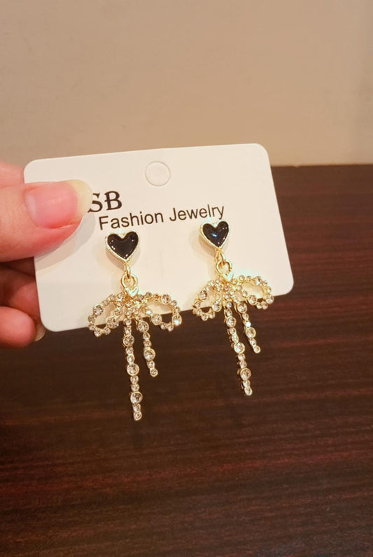 Black Heart Bow Tassel Earrings